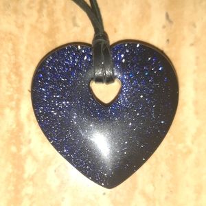 Super Chunky Blue Goldstone Heart Pendant on Black Leather CORD